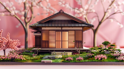 A 3D Max miniature Japanese tea house, with sliding doors and a tranquil garden, displayed on a soft cherry blossom pink background.