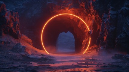 Bright orange neon arcs, framing the entrance of a dark cave, blending the mystery of nature with...
