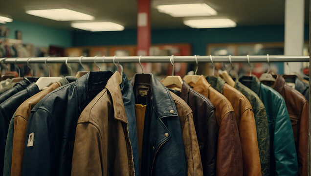 Various vintage jackets on a clothing rack in a second hand shop. AI generated