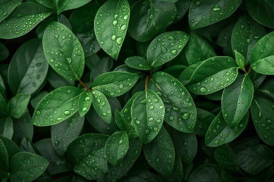 Green leaves with water droplets in the morning,  Natural background