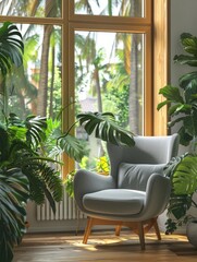 A chair is sitting in front of a window with a view of a lush green forest