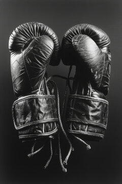 Two black boxing gloves are hanging on a rope