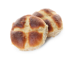 Tasty hot cross buns isolated on white