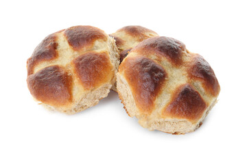 Tasty hot cross buns isolated on white