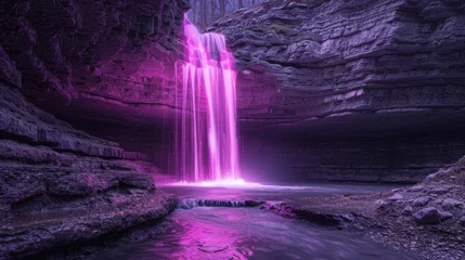 Meubelstickers Cascading magenta neon waterfalls, flowing alongside actual waterfalls in a dark, rocky terrain, merging the raw power of nature with human innovation. © Bilas AI
