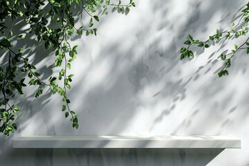 Product display podium with green leaves and shadow on white wall