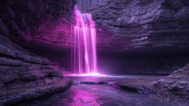 Cascading magenta neon waterfalls, flowing alongside actual waterfalls in a dark, rocky terrain, merging the raw power of nature with human innovation.