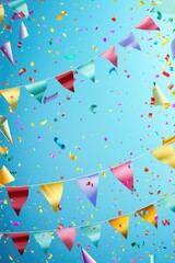 A blue background with colorful streamers and confetti