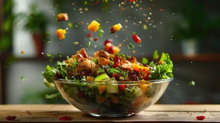 Glass bowl filled with mixed salad on which chunks of chicken and dried fruit fall. - obrazy, fototapety, plakaty