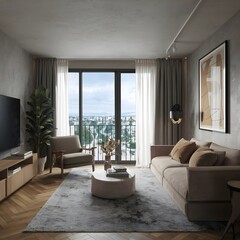 beautiful modern living room design by a architect in a apartment with view on the city 