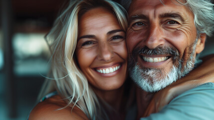 Cheerful mature man with grey hair hugging a happy blonde woman, both smiling warmly in a hug closeup