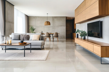 Loft interior design of modern living room, minimalist home with tv. - obrazy, fototapety, plakaty