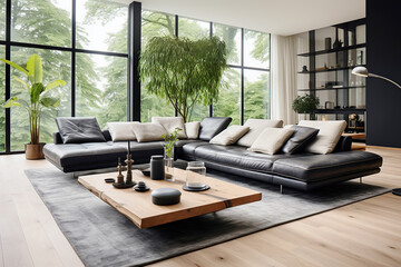 Minimalist interior design of modern living room, home. Black leather sofa in spacious room in villa in forest. - 773787335