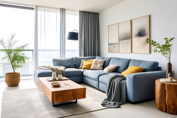 Minimalist interior design of modern living room, home. Blue sofa with yellow pillows near window. - 773787350