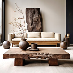 Rustic japandi interior design of modern living room, home. - obrazy, fototapety, plakaty