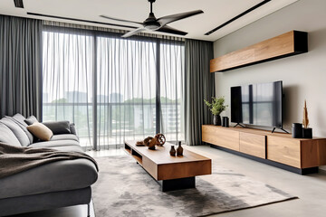 Minimalist interior design of modern living room, home with tv unit.