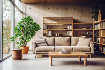 Loft interior design of modern living room, home. Beige sofa and shelving units against concrete wall. - obrazy, fototapety, plakaty