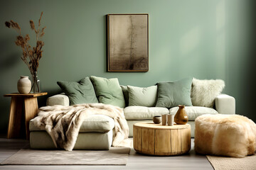 Boho, farmhouse interior design of modern living room, home. Light green sofa against green wall with poster frame.