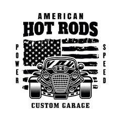 Hot rod vector emblem, label, badge or print in monochrome style isolated on white background