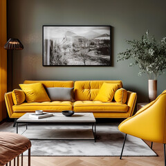 Scandinavian interior design of modern living room, home with yellow sofa and chair.