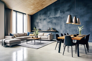 Loft interior design of modern living room, home. Studio apartment with blue stucco wall.