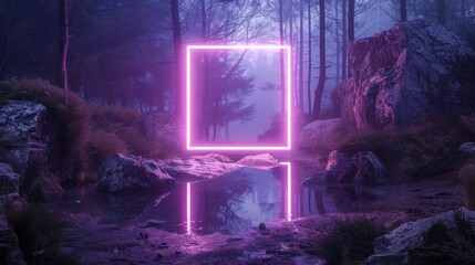 One luminous violet neon square, perfectly framing a small, dark pond in a forest clearing, creating a striking contrast between nature and neon art.