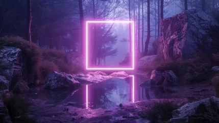 Muurstickers One luminous violet neon square, perfectly framing a small, dark pond in a forest clearing, creating a striking contrast between nature and neon art. © Bilas AI