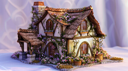A 3D Max miniature cottage with a thatched roof and flowering vines, displayed on a soft periwinkle background to accentuate its fairy-tale charm.