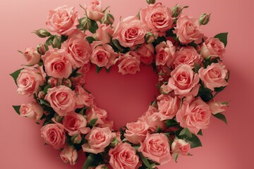 Heart shaped frame made of pink roses on pink background, top view