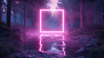 One luminous violet neon square, perfectly framing a small, dark pond in a forest clearing,...
