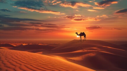 Fototapeta na wymiar Solitary Camel Against Sunset in Desert, Ideal for Adventure Theme