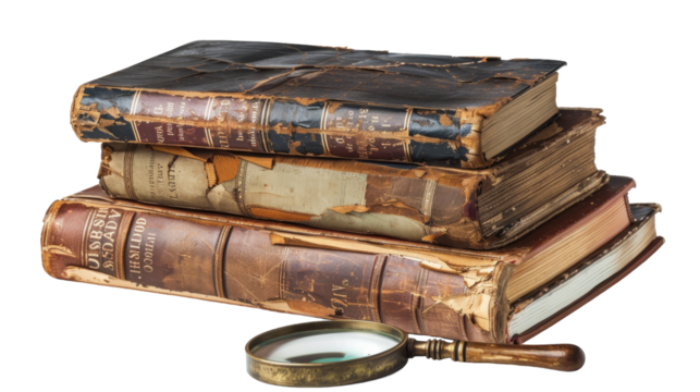 A magnifying glass rests atop a stack of books, symbolizing curiosity and discovery