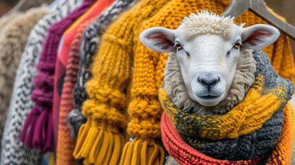 sheep wrapped in a vibrant yellow knit scarf, set against a backdrop of colorful woolen clothing