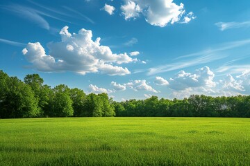 Green grass field and blue sky with white clouds,  Natural background - obrazy, fototapety, plakaty