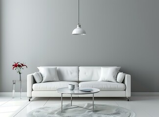 The interior of a modern living room with a grey wall, sofa and table against a grey background with copy space for text