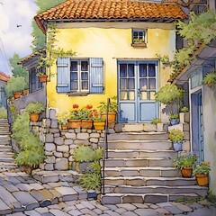 Fototapeta na wymiar Watercolor painting of an old european house in the city