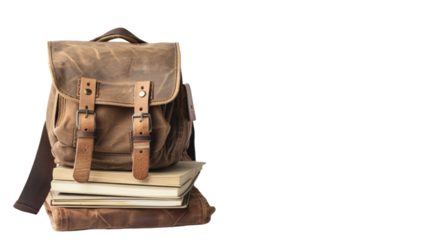 A backpack rests atop a precarious pile of books, creating a whimsical and imaginative scene