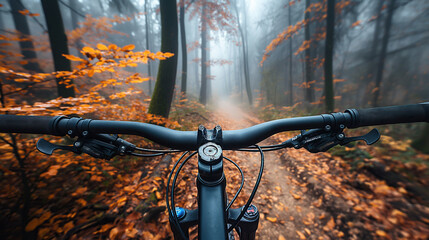 POV of handlebar of extreme sports bicycle on mist forest in autumn - obrazy, fototapety, plakaty