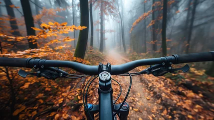 Rolgordijnen POV of handlebar of extreme sports bicycle on mist forest in autumn © alexkoral