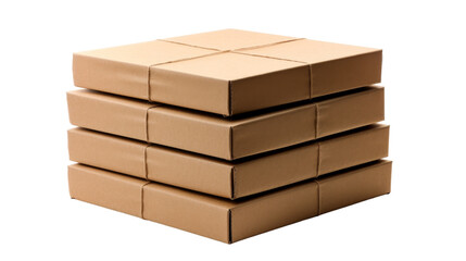 A towering stack of cardboard boxes on a white background
