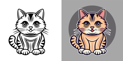 Cat cartoon character vector illustration in two syles, black on white and colored style on grey background