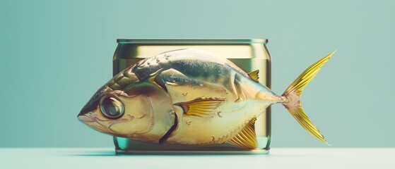 A conceptual image of a tuna can transformed into an art piece symbolizing the intersection of food culture and creativity - obrazy, fototapety, plakaty
