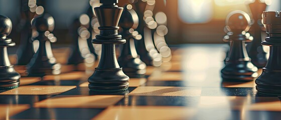 A detailed shot of a chessboard with chess pieces strategically positioned symbolizing business strategy and planning - obrazy, fototapety, plakaty