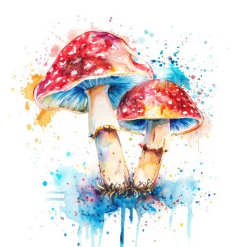 Vivid watercolor of a red mushroom with splashes of color
