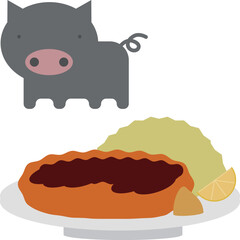 かわいい黒豚のアイコンととんかつのイラストセット © vdck_studio