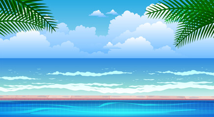 landscape of swimming pool on the beach in summer