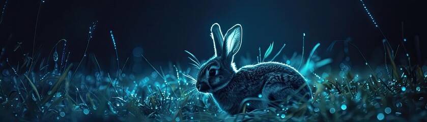 A minimalist design of a rabbit outlined in neon against a dark background - obrazy, fototapety, plakaty