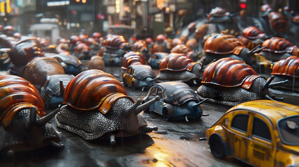 Slow traffic analogy. Oversized snail cars in city street banked up in congestion