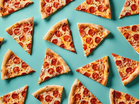 A modern geometric arrangement of sliced pizzas forming a pattern against a contrasting background