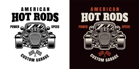 Hot rod vector emblem, label, badge or print in two styles colored and black on white background